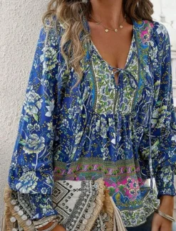 Women's Shirt Blouse Floral Bohemia Casual Long Sleeve V Neck Regular Tops Daily Print Yellow Pink Navy Blue Blue Orange Summer Spring Fall Women Blouses & Shirts|Spring Tops