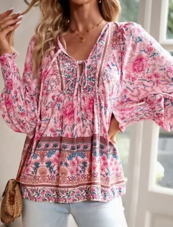 Women's Shirt Blouse Floral Bohemia Casual Long Sleeve V Neck Regular Tops Daily Print Yellow Pink Navy Blue Blue Orange Summer Spring Fall Women Blouses & Shirts|Spring Tops
