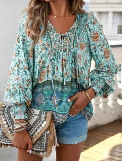 Women's Shirt Blouse Floral Bohemia Casual Long Sleeve V Neck Regular Tops Daily Print Yellow Pink Navy Blue Blue Orange Summer Spring Fall Women Blouses & Shirts|Spring Tops