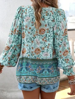 Women's Shirt Blouse Floral Bohemia Casual Long Sleeve V Neck Regular Tops Daily Print Yellow Pink Navy Blue Blue Orange Summer Spring Fall Women Blouses & Shirts|Spring Tops