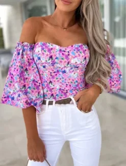 New Women's Shirt Blouse Floral Stylish Casual Long Sleeve Strapless Regular Tops Daily Backless Print Black White Red Purple Summer Spring Women Spring Tops|Blouses & Shirts