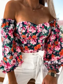 New Women's Shirt Blouse Floral Stylish Casual Long Sleeve Strapless Regular Tops Daily Backless Print Black White Red Purple Summer Spring Women Spring Tops|Blouses & Shirts