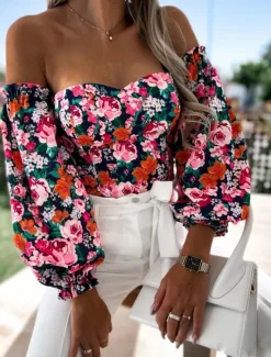 New Women's Shirt Blouse Floral Stylish Casual Long Sleeve Strapless Regular Tops Daily Backless Print Black White Red Purple Summer Spring Women Spring Tops|Blouses & Shirts