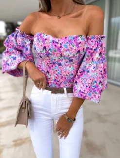 New Women's Shirt Blouse Floral Stylish Casual Long Sleeve Strapless Regular Tops Daily Backless Print Black White Red Purple Summer Spring Women Spring Tops|Blouses & Shirts