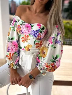 New Women's Shirt Blouse Floral Stylish Casual Long Sleeve Strapless Regular Tops Daily Backless Print Black White Red Purple Summer Spring Women Spring Tops|Blouses & Shirts