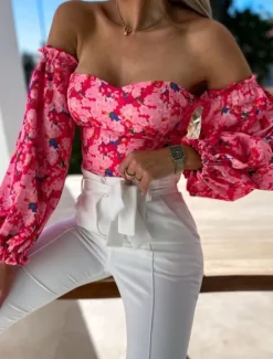 New Women's Shirt Blouse Floral Stylish Casual Long Sleeve Strapless Regular Tops Daily Backless Print Black White Red Purple Summer Spring Women Spring Tops|Blouses & Shirts