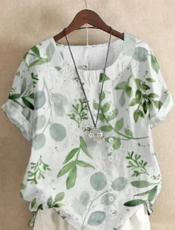 Discount Women's Shirt Blouse Floral Graphic Leaf Elegant Daily Beach Short Sleeve Crew Neck Regular Tops Daily Holiday Linen Like Print Navy Blue Blue Green Light Blue Summer Women Blouses & Shirts