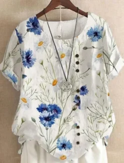 Discount Women's Shirt Blouse Floral Graphic Leaf Elegant Daily Beach Short Sleeve Crew Neck Regular Tops Daily Holiday Linen Like Print Navy Blue Blue Green Light Blue Summer Women Blouses & Shirts
