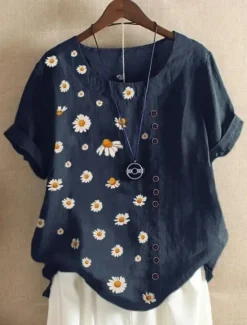 Discount Women's Shirt Blouse Floral Graphic Leaf Elegant Daily Beach Short Sleeve Crew Neck Regular Tops Daily Holiday Linen Like Print Navy Blue Blue Green Light Blue Summer Women Blouses & Shirts