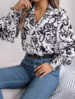 Women's Shirt Blouse Floral Casual Work Stylish Modern Puff Sleeve Long Sleeve White Spring Fall Women Spring Tops