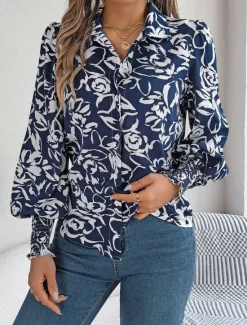Women's Shirt Blouse Floral Casual Work Stylish Modern Puff Sleeve Long Sleeve White Spring Fall Women Spring Tops