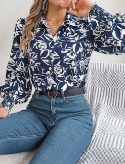 Women's Shirt Blouse Floral Casual Work Stylish Modern Puff Sleeve Long Sleeve White Spring Fall Women Spring Tops