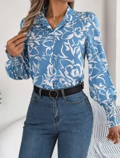 Women's Shirt Blouse Floral Casual Work Stylish Modern Puff Sleeve Long Sleeve White Spring Fall Women Spring Tops