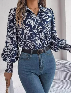 Women's Shirt Blouse Floral Casual Work Stylish Modern Puff Sleeve Long Sleeve White Spring Fall Women Spring Tops