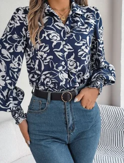 Women's Shirt Blouse Floral Casual Work Stylish Modern Puff Sleeve Long Sleeve White Spring Fall Women Spring Tops