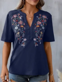 Outlet Women's Shirt Blouse Floral Stylish Casual Short Sleeve Notched Neck Regular Tops Daily Embroidered Army Green Navy Blue Summer Women Spring Tops