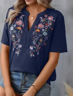 Outlet Women's Shirt Blouse Floral Stylish Casual Short Sleeve Notched Neck Regular Tops Daily Embroidered Army Green Navy Blue Summer Women Spring Tops