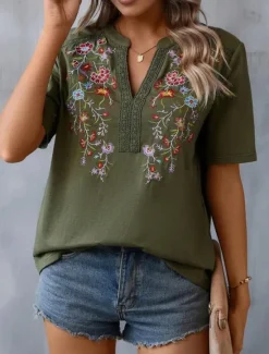 Outlet Women's Shirt Blouse Floral Stylish Casual Short Sleeve Notched Neck Regular Tops Daily Embroidered Army Green Navy Blue Summer Women Spring Tops