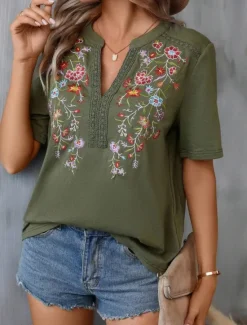 Outlet Women's Shirt Blouse Floral Stylish Casual Short Sleeve Notched Neck Regular Tops Daily Embroidered Army Green Navy Blue Summer Women Spring Tops