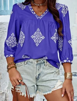 Sale Women's Shirt Blouse Geometric Bohemia Ethnic Casual 3/4 Length Sleeve V Neck Regular Tops Daily Print Purple Green Summer Spring Fall Women Spring Tops