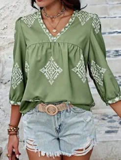 Sale Women's Shirt Blouse Geometric Bohemia Ethnic Casual 3/4 Length Sleeve V Neck Regular Tops Daily Print Purple Green Summer Spring Fall Women Spring Tops