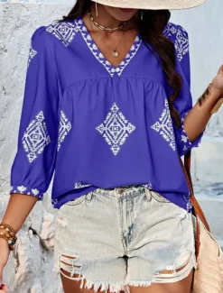 Sale Women's Shirt Blouse Geometric Bohemia Ethnic Casual 3/4 Length Sleeve V Neck Regular Tops Daily Print Purple Green Summer Spring Fall Women Spring Tops