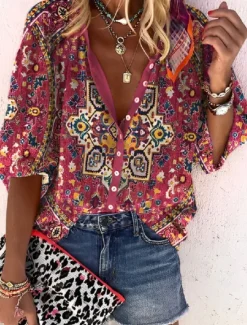 New Women's Shirt Blouse Graphic Elegant Daily Stylish 3/4 Length Sleeve High Neck Regular Tops Daily Holiday Going out Buttons Red Green Rainbow Gray Summer Spring Fall Women Boho Tops