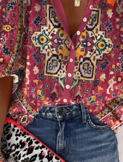 New Women's Shirt Blouse Graphic Elegant Daily Stylish 3/4 Length Sleeve High Neck Regular Tops Daily Holiday Going out Buttons Red Green Rainbow Gray Summer Spring Fall Women Boho Tops