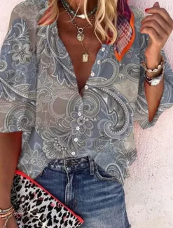 New Women's Shirt Blouse Graphic Elegant Daily Stylish 3/4 Length Sleeve High Neck Regular Tops Daily Holiday Going out Buttons Red Green Rainbow Gray Summer Spring Fall Women Boho Tops