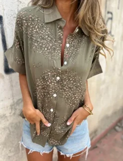 Sale Women's Shirt Blouse Graphic Stylish Casual Short Sleeve V Neck Regular Tops Daily Buttons White Green Summer Spring Women Blouses & Shirts