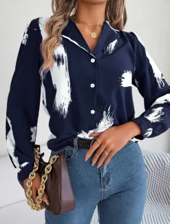 Sale Women's Shirt Blouse Graphic Casual Long Sleeve Shirt Collar Regular Tops Daily Buttons Print Wine Blue Summer Spring Women Blouses & Shirts