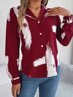 Sale Women's Shirt Blouse Graphic Casual Long Sleeve Shirt Collar Regular Tops Daily Buttons Print Wine Blue Summer Spring Women Blouses & Shirts