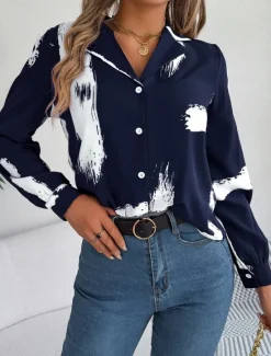 Sale Women's Shirt Blouse Graphic Casual Long Sleeve Shirt Collar Regular Tops Daily Buttons Print Wine Blue Summer Spring Women Blouses & Shirts