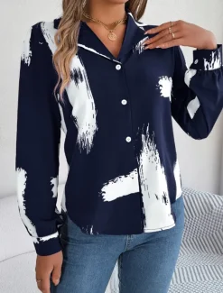 Sale Women's Shirt Blouse Graphic Casual Long Sleeve Shirt Collar Regular Tops Daily Buttons Print Wine Blue Summer Spring Women Blouses & Shirts