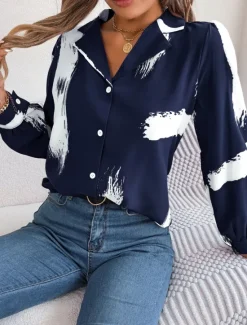 Sale Women's Shirt Blouse Graphic Casual Long Sleeve Shirt Collar Regular Tops Daily Buttons Print Wine Blue Summer Spring Women Blouses & Shirts