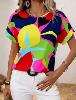 Hot Women's Shirt Blouse Graphic Stylish Casual Short Sleeve Crew Neck Regular Tops Daily Holiday Going out Print Black Yellow Green Khaki Rose Pink Summer Spring Women Spring Tops