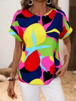 Hot Women's Shirt Blouse Graphic Stylish Casual Short Sleeve Crew Neck Regular Tops Daily Holiday Going out Print Black Yellow Green Khaki Rose Pink Summer Spring Women Spring Tops