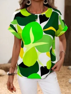 Hot Women's Shirt Blouse Graphic Stylish Casual Short Sleeve Crew Neck Regular Tops Daily Holiday Going out Print Black Yellow Green Khaki Rose Pink Summer Spring Women Spring Tops