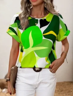 Hot Women's Shirt Blouse Graphic Stylish Casual Short Sleeve Crew Neck Regular Tops Daily Holiday Going out Print Black Yellow Green Khaki Rose Pink Summer Spring Women Spring Tops