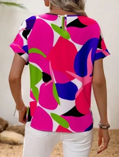 Hot Women's Shirt Blouse Graphic Stylish Casual Short Sleeve Crew Neck Regular Tops Daily Holiday Going out Print Black Yellow Green Khaki Rose Pink Summer Spring Women Spring Tops
