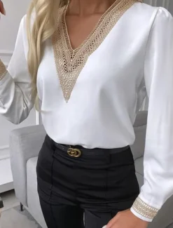 Sale Women's Shirt Blouse Lace White Shirt Daily Work Stylish Modern Long Sleeve Black Spring Fall Women Blouses & Shirts