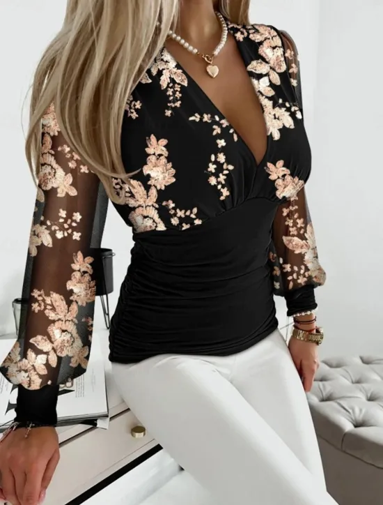 Clearance Women's Shirt Blouse Modern Floral Patchwork Print Long Sleeve Regular Tops V Neck Work Daily Navy Blue Khaki Fall Women Spring Tops