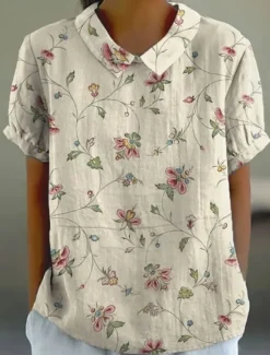 Women's Shirt Blouse Modern Floral Buttons Print Short Sleeve Regular Tops Shirt Collar Vacation Daily Pink Blue Khaki Beige Summer Spring Women Spring Tops