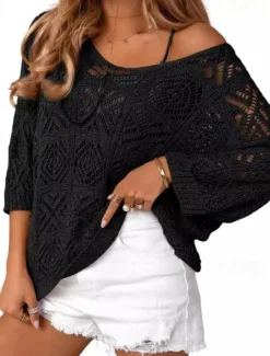 Sale Women's Shirt Blouse Plain Casual 3/4 Length Sleeve V Neck Regular Tops Daily Holiday Going out Eyelet Black Sky Blue Green Apricot Summer Women Lace Tops