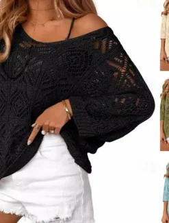 Sale Women's Shirt Blouse Plain Casual 3/4 Length Sleeve V Neck Regular Tops Daily Holiday Going out Eyelet Black Sky Blue Green Apricot Summer Women Lace Tops