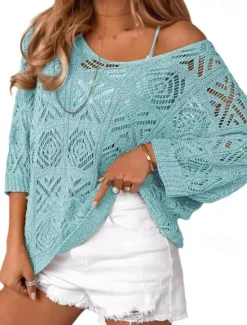 Sale Women's Shirt Blouse Plain Casual 3/4 Length Sleeve V Neck Regular Tops Daily Holiday Going out Eyelet Black Sky Blue Green Apricot Summer Women Lace Tops