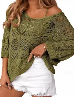 Sale Women's Shirt Blouse Plain Casual 3/4 Length Sleeve V Neck Regular Tops Daily Holiday Going out Eyelet Black Sky Blue Green Apricot Summer Women Lace Tops