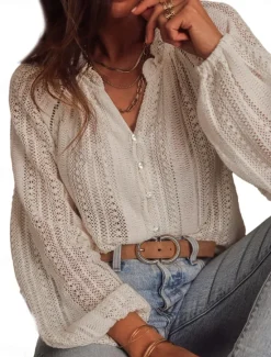 Outlet Women's Shirt Blouse Plain Bohemia Casual Long Sleeve Shirt Collar Regular Tops Daily Buttons Eyelet Summer Spring Fall Women Shirts