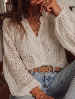 Outlet Women's Shirt Blouse Plain Bohemia Casual Long Sleeve Shirt Collar Regular Tops Daily Buttons Eyelet Summer Spring Fall Women Shirts