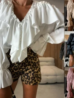 Best Women's Shirt Blouse Plain Daily Modern Long Sleeve V Neck Regular Tops Holiday Going out Ruffle Black White Pink Khaki Spring Women Lace Tops